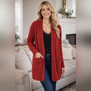 Pink Rose Cozy Popcorn Knit Open Front Long Soft Cardigan Sweater XL Pockets